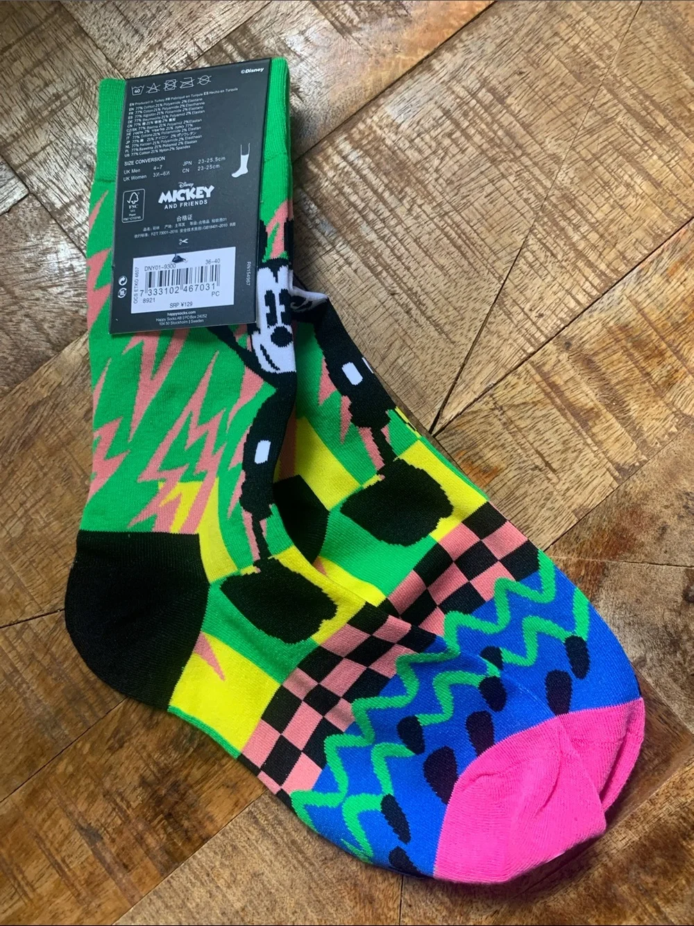 Happy Socks Neon Graphic Crew Socks - Green, Pink, Blue, Yellow & Black